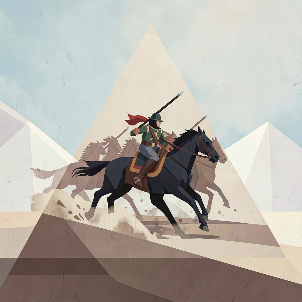 Flat geometric battle banner of cavalry charging in a triangle formation, geomet