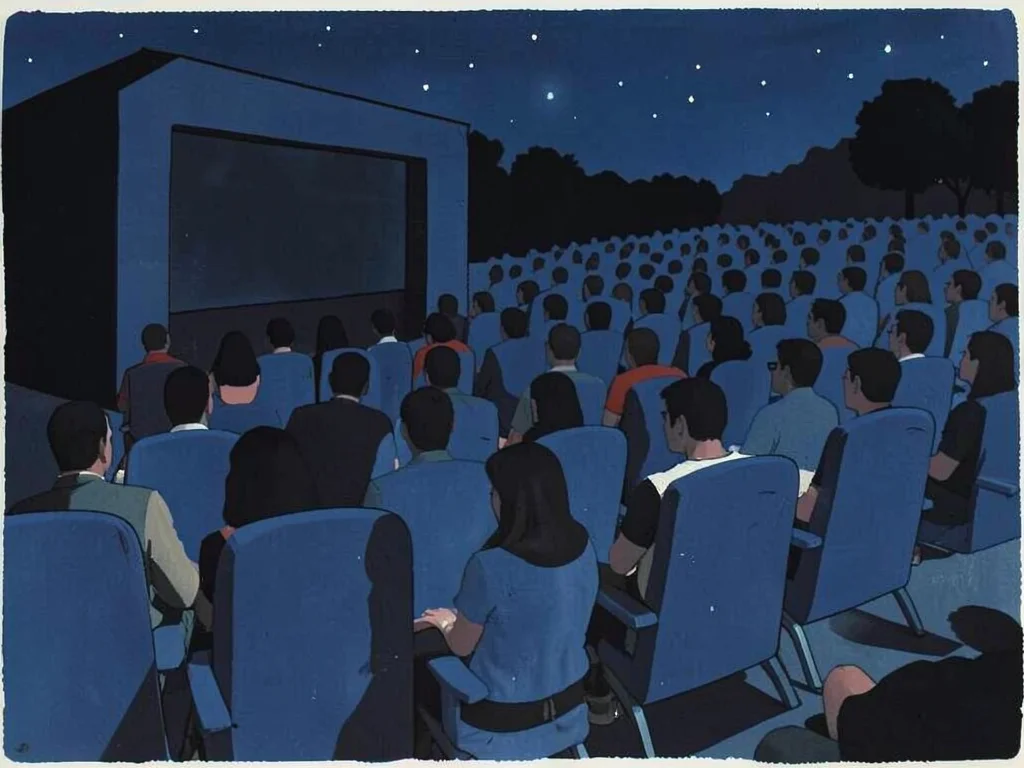 Outdoor cinema crowd at night, chairs as repeating flat shapes in dark blue