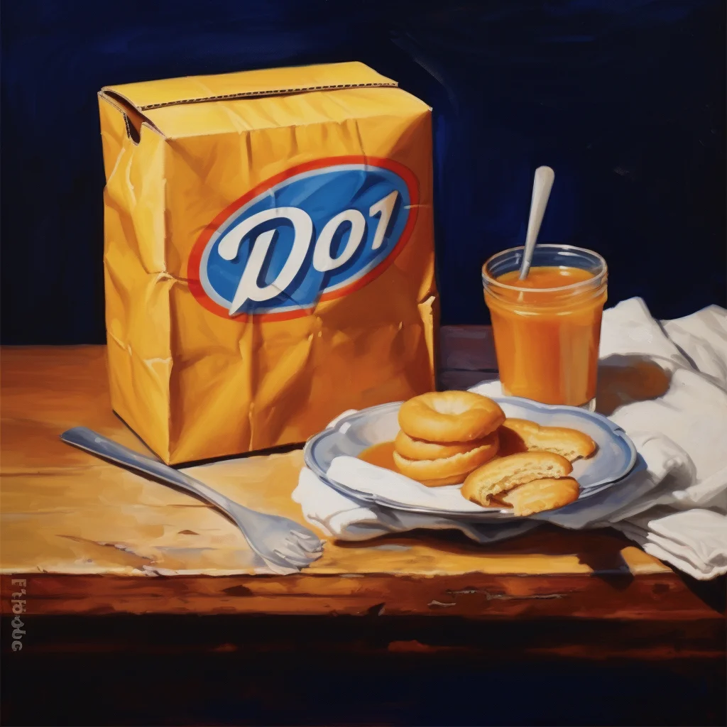 Oil painting of a kraft dinner box on a table. nature