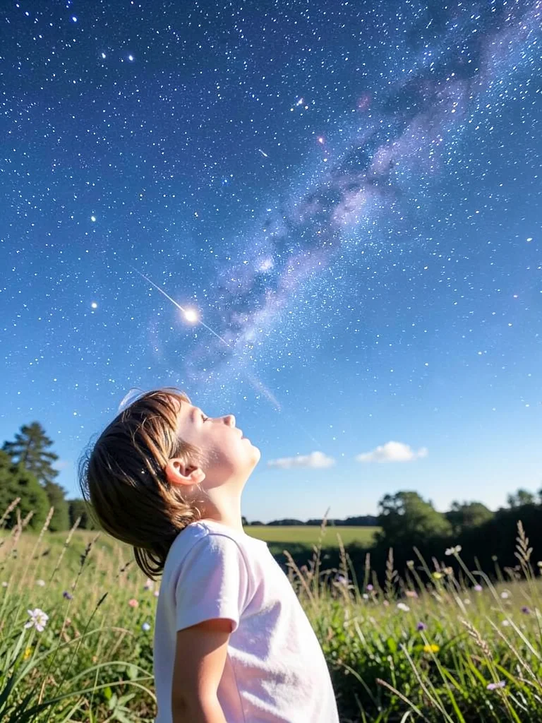 Wonder — child looking up at personal meteor shower, daytime, only they can see