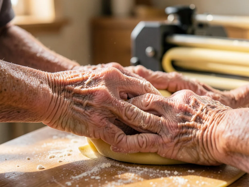 A grandmother's hands rolling pasta dough thin, flour-dusted, veins prominent, a