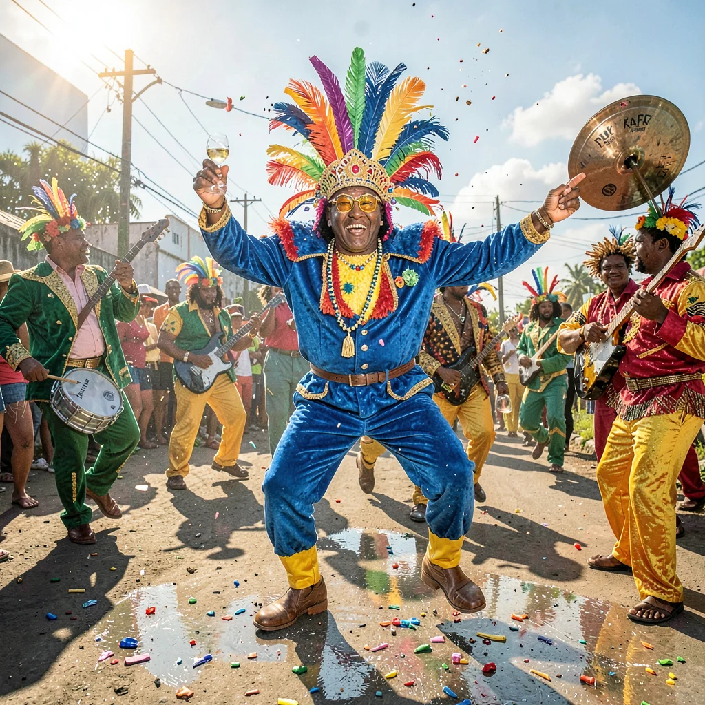 Carnival saturation explosion in Port of Spain, Trinidad, Mas band dancer mid-wi