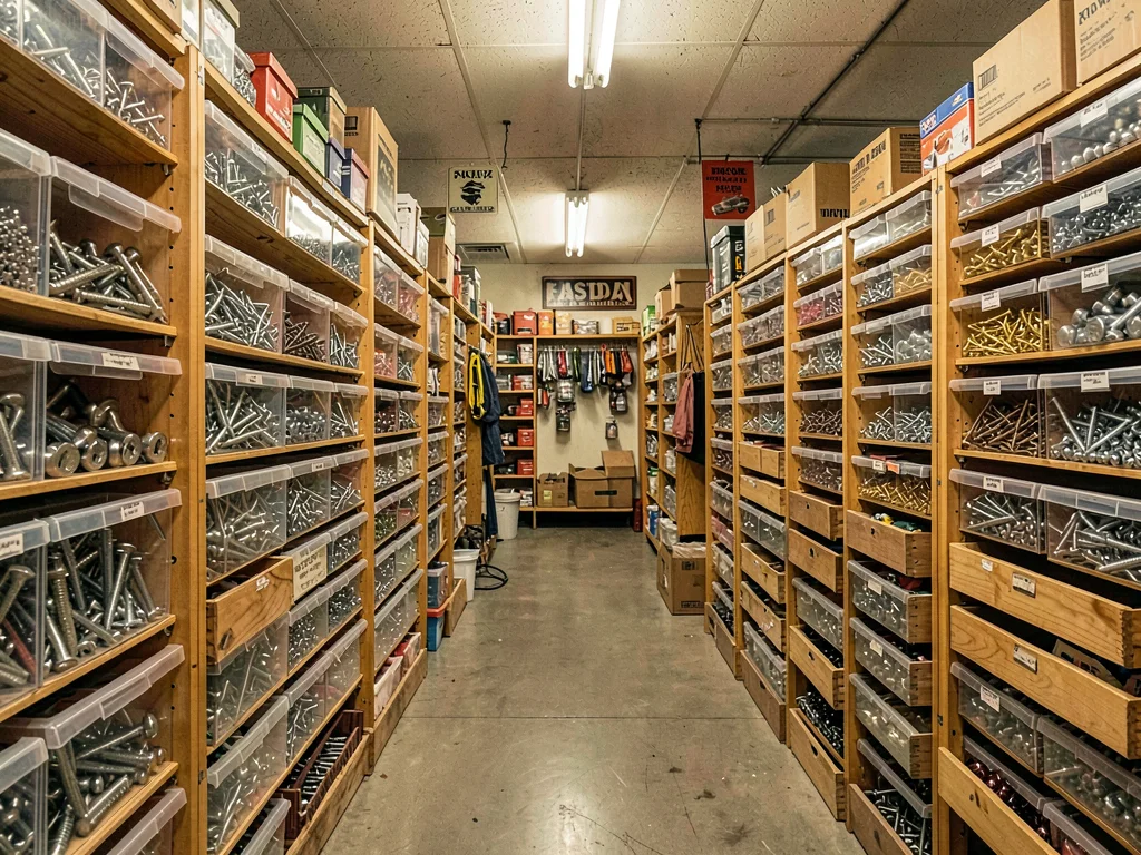 Fastener wall stretching wide, thousands of drawer bins of screws bolts nuts, or