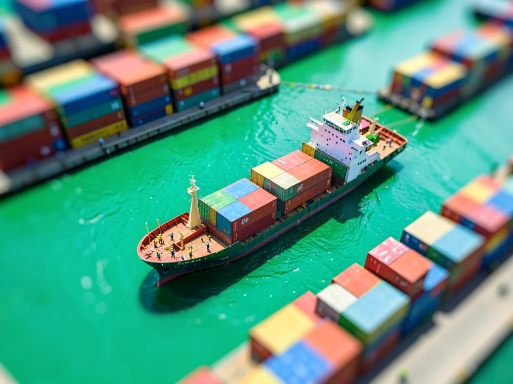 Seen from a rooftop tilt-shift photograph of a tropical cargo port, saturated ja
