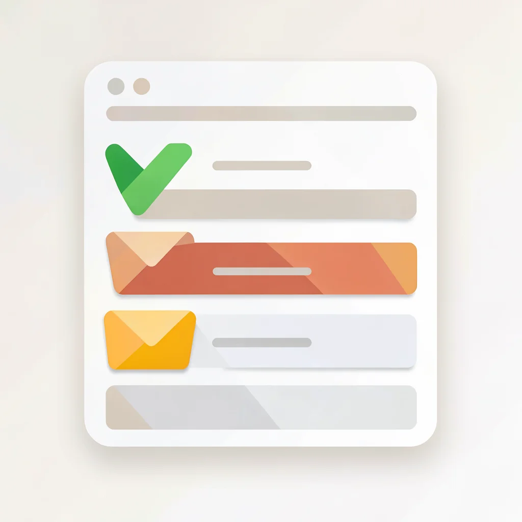 Flat vector of an inbox-style list of newsletter cards, rounded corners, no text