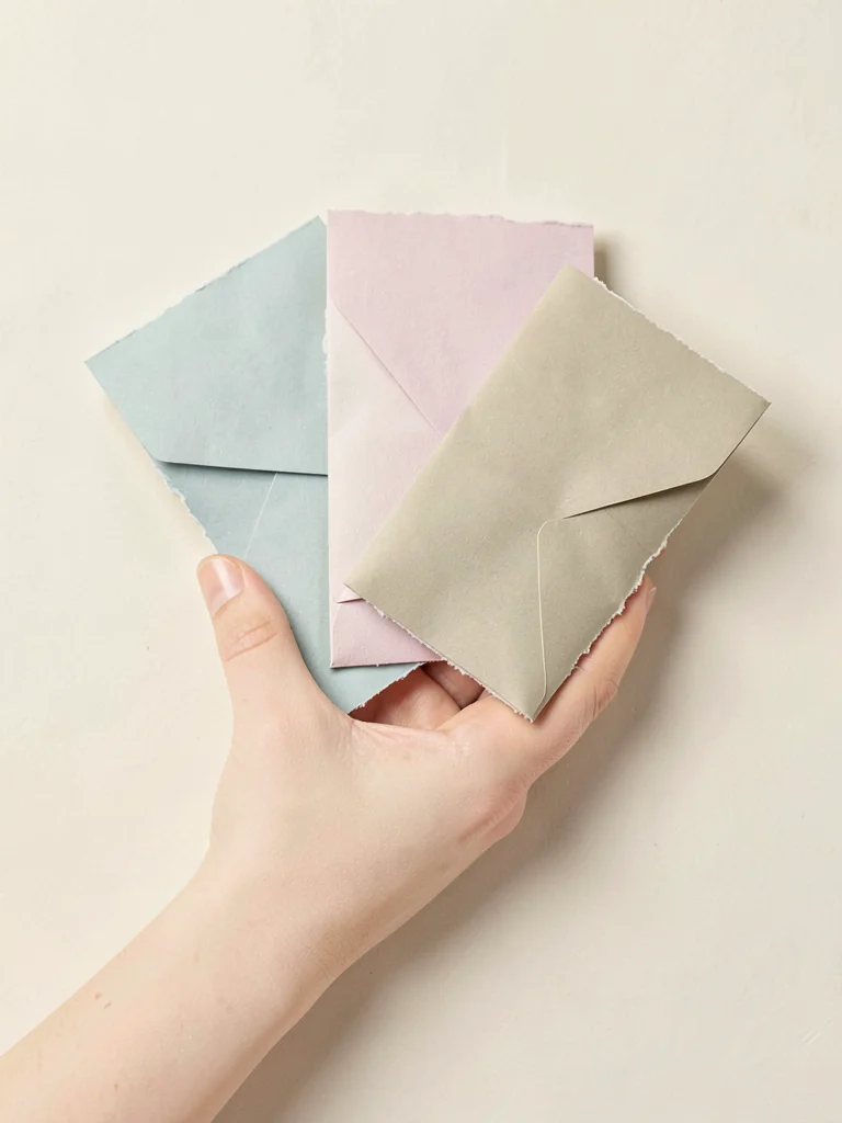 Single open hand holding three small paper envelopes fanned like a bouquet, each
