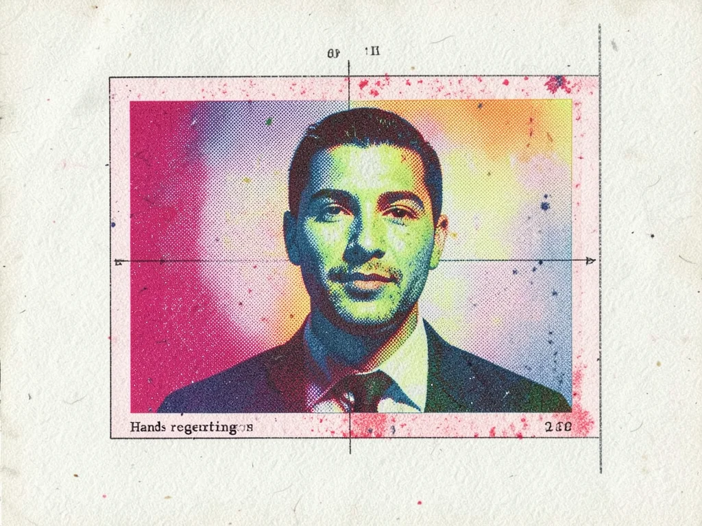 Hands registering paper on a multi-color risograph print, alignment marks visibl