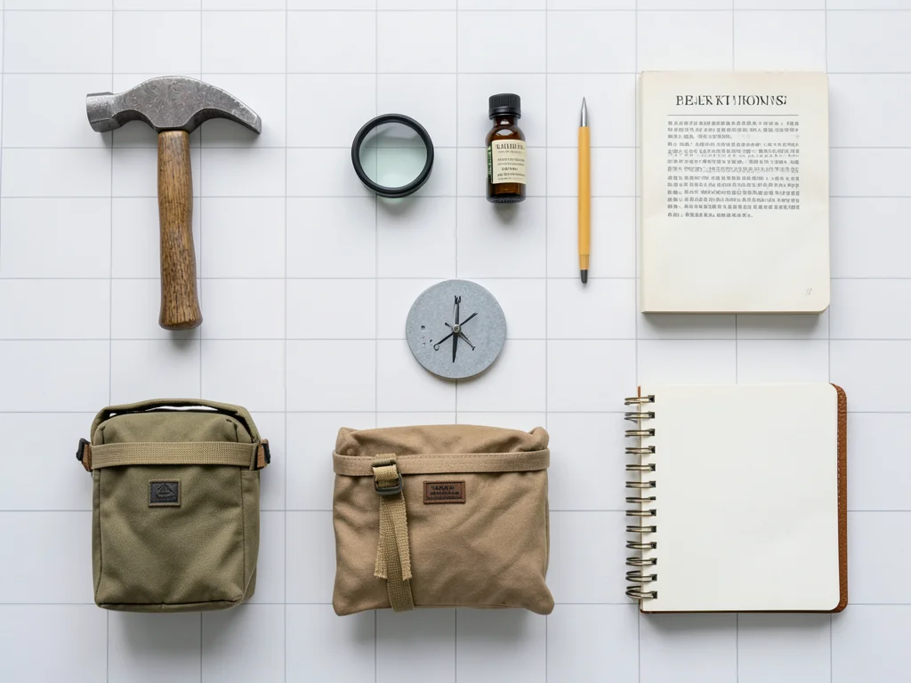 A geologist's field kit: hammer, hand lens, acid bottle, streak plate, compass, 