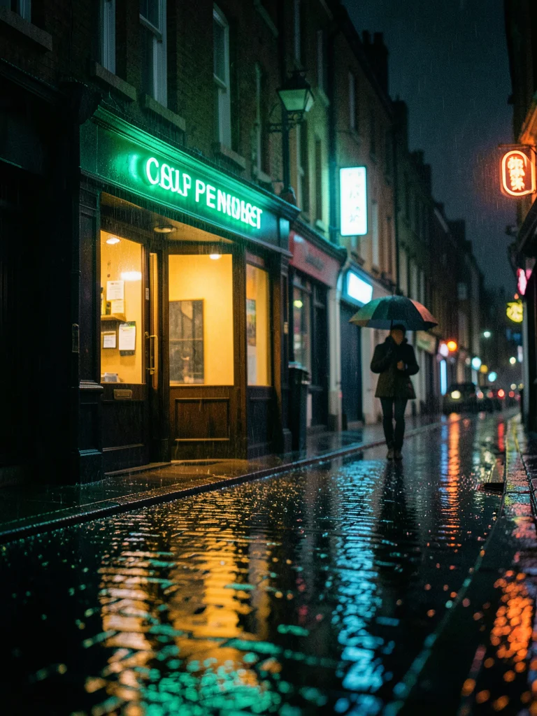 Rain-soaked Dublin street at night, green neon pub sign reflecting in puddles on