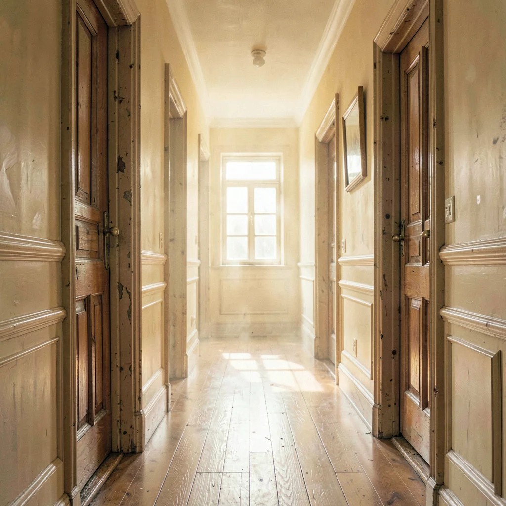soft golden hallway lined with old wooden doors, painterly haze
