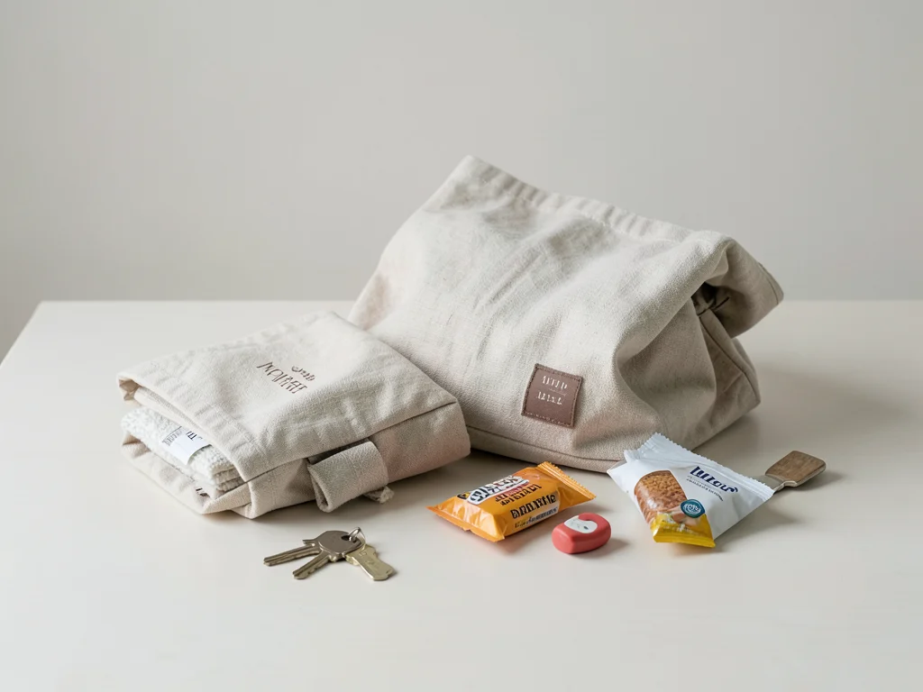 Mother's bag contents spread on table, keys, snacks, small toy, organized chaos