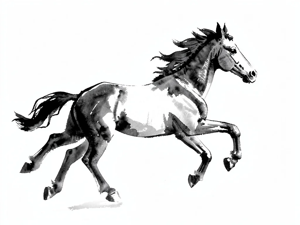 Horse in motion suggested by three broad brushstrokes, white ground
