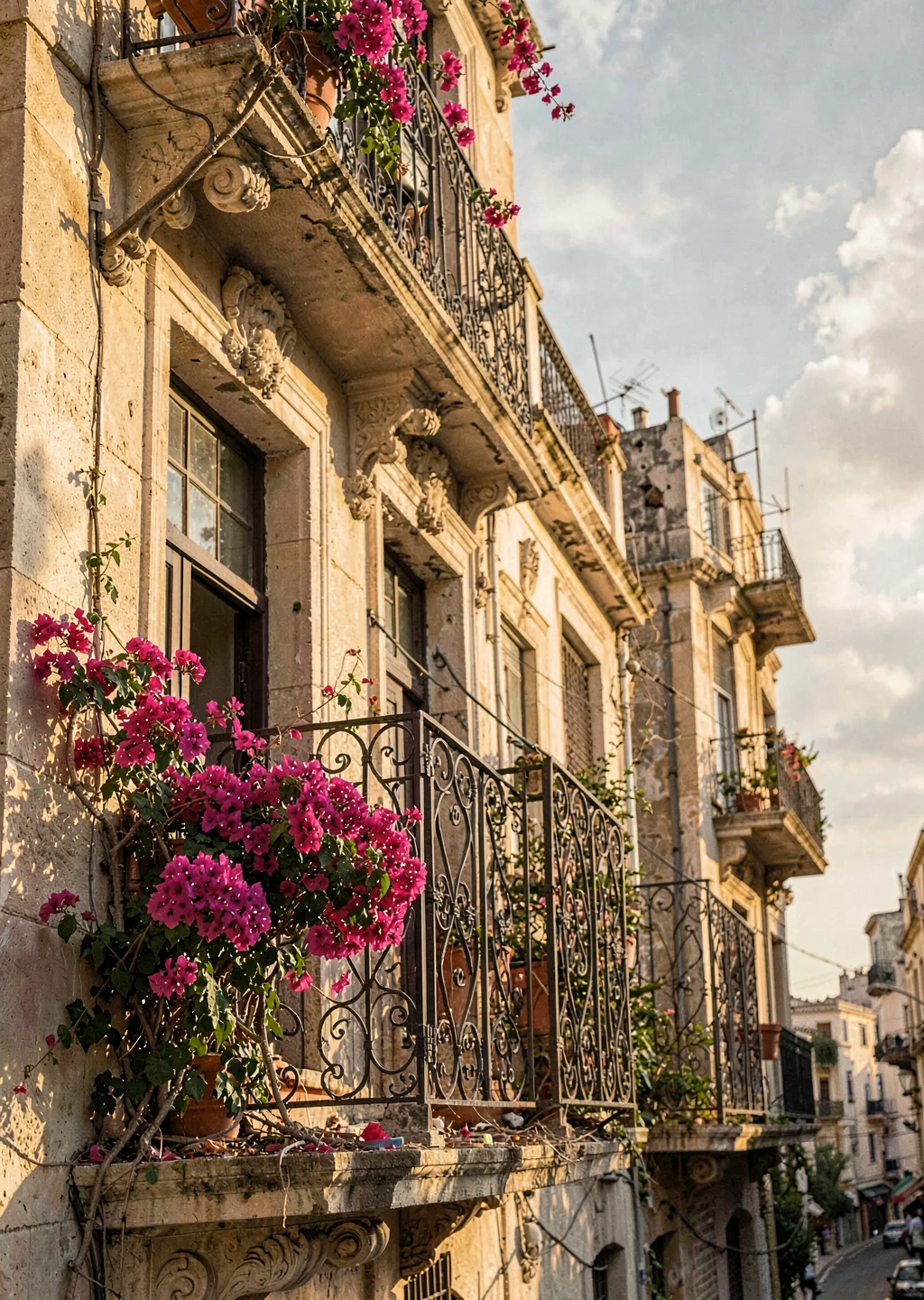 Mediterranean hard light on Beirut's wounded elegance, French mandate era balcon
