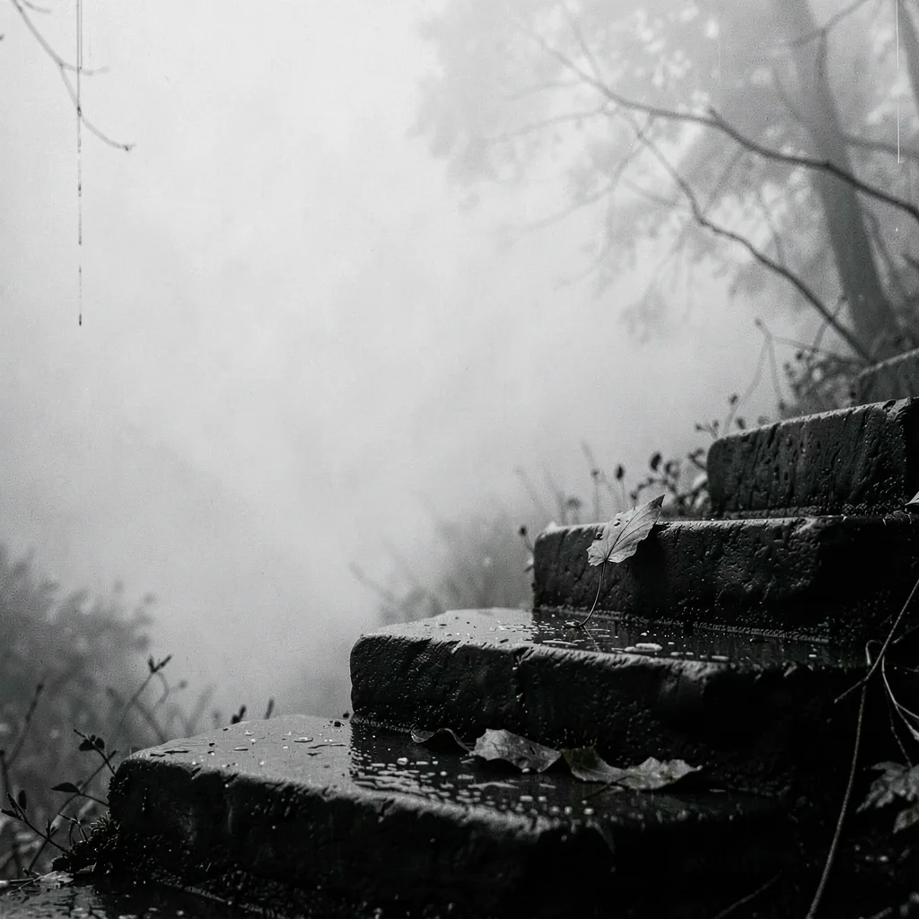 Stark minimalist composition, high contrast black and white tones, Wet stone ste