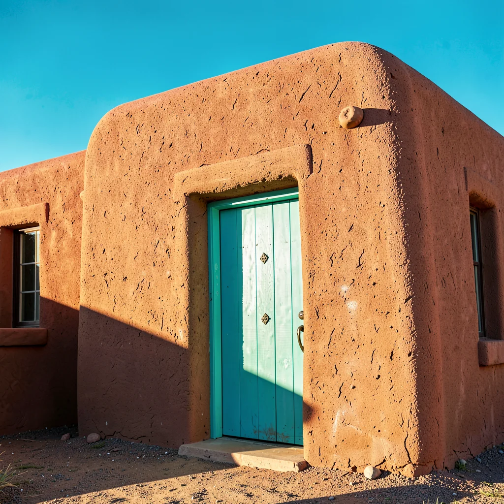 Santa Fe adobe warmth, high desert light clarity, Turquoise door set in a thick 