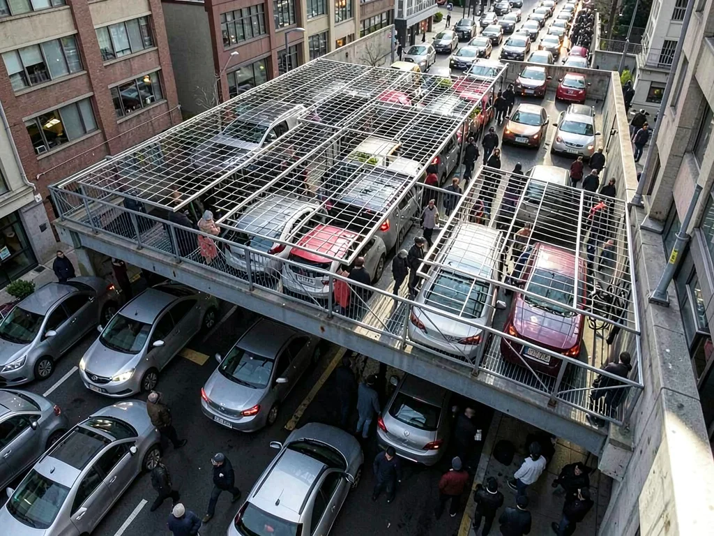Traffic jam from pedestrian overpass, car rooftops forming metallic grid, compre