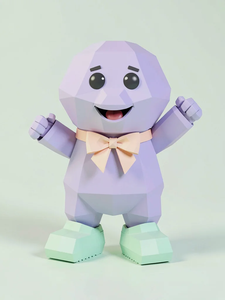 Waving lavender lowpoly mascot character in a cheery pose with chunky mint shoes