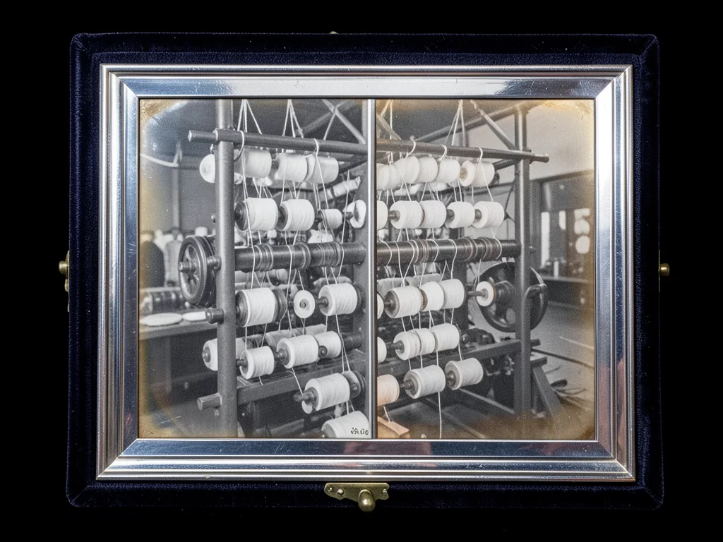 The spinning jenny mechanism of a cotton mill with bobbins of white thread in ro