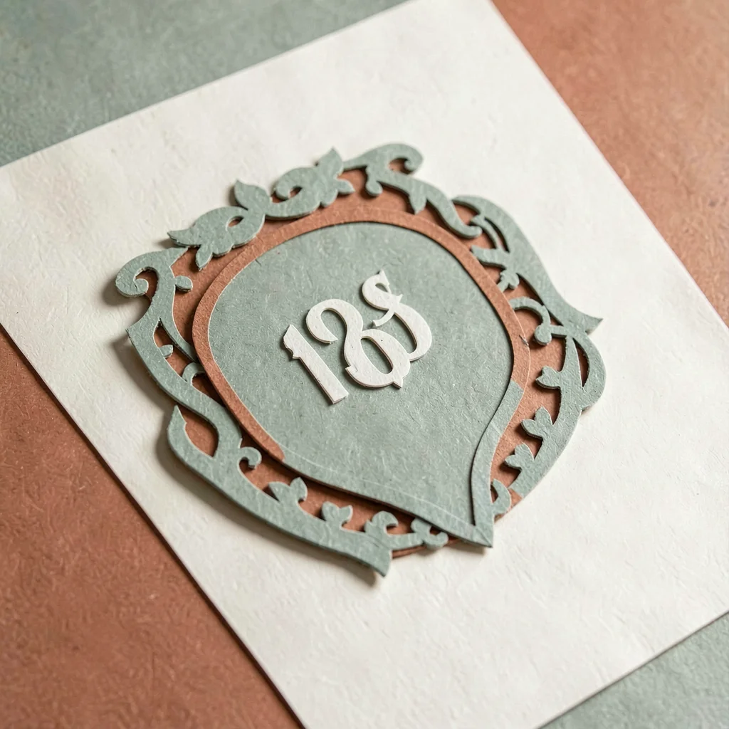 Papercraft composition of a layered paper-cut foundation crest across cream pape
