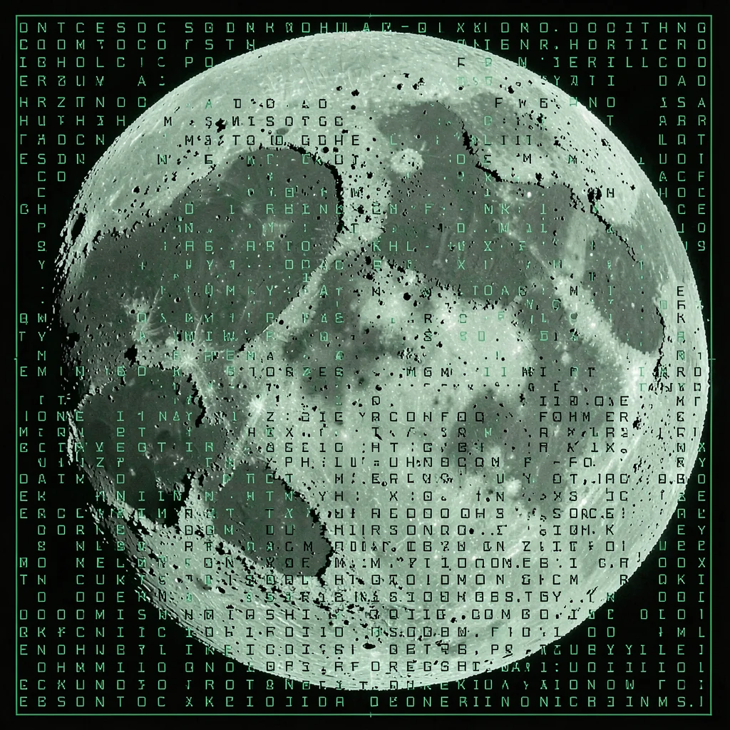 A full moon in dense ASCII with crater regions as dark character concentrations 