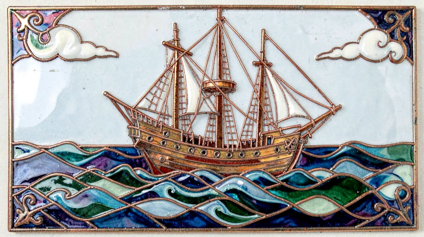 Cloisonné enamel illustration, ship on waves , copper wire outlines, glass ename