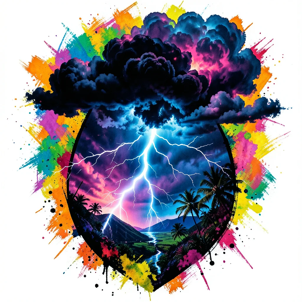 Ink drop silhouette containing thunderstorm clouds and lightning, double exposur