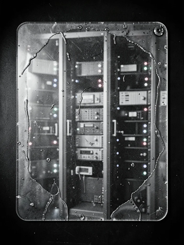 Data center server rack, blinking LED lights, 8x10 glass plate with emulsion poo