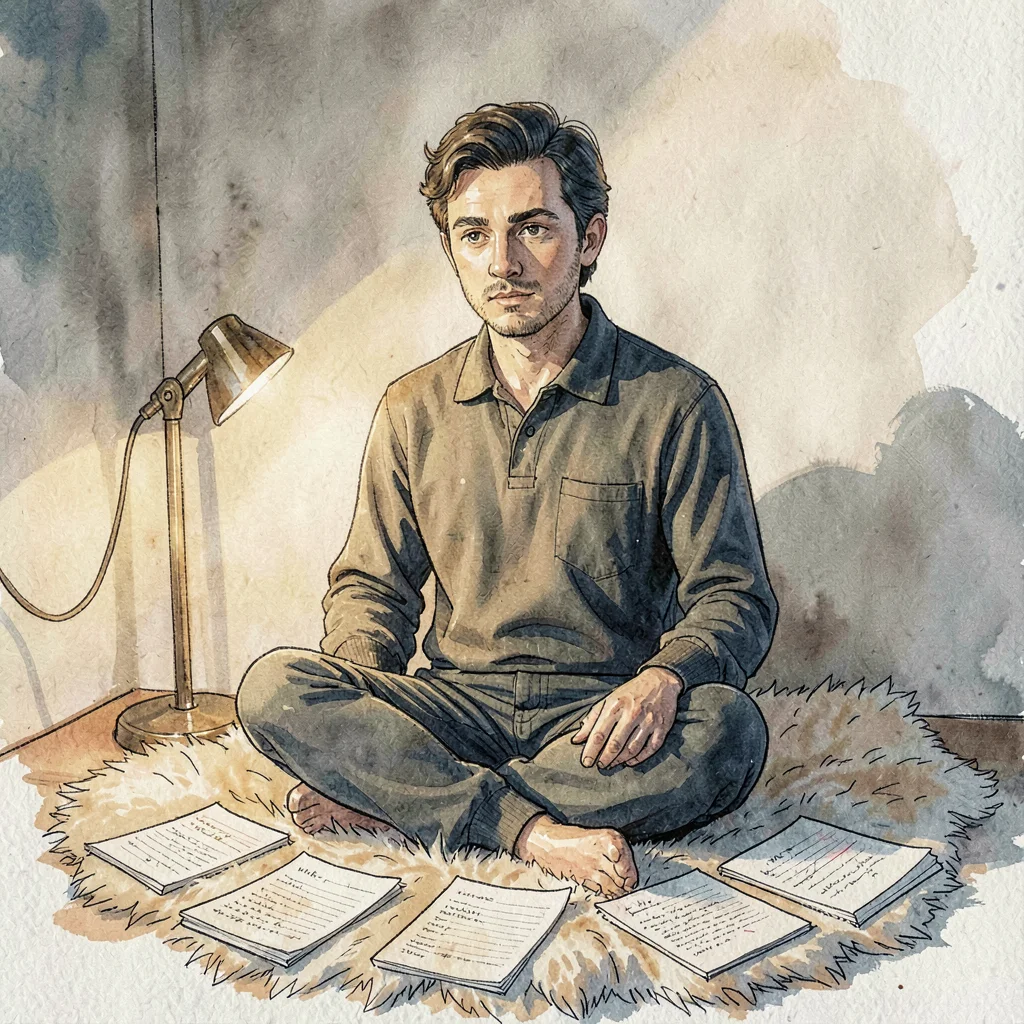 Tutor seated cross-legged on a sheepskin rug with a small group of papers fanned