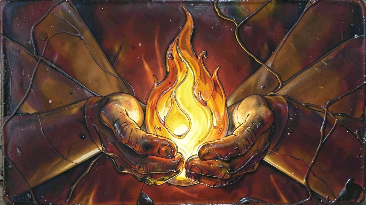 Encaustic wax illustration, hands cupping flame , hot wax and pigment, transluce
