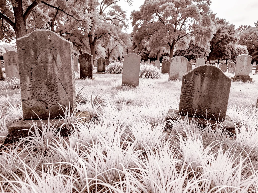 Cemetery with white grass between stones