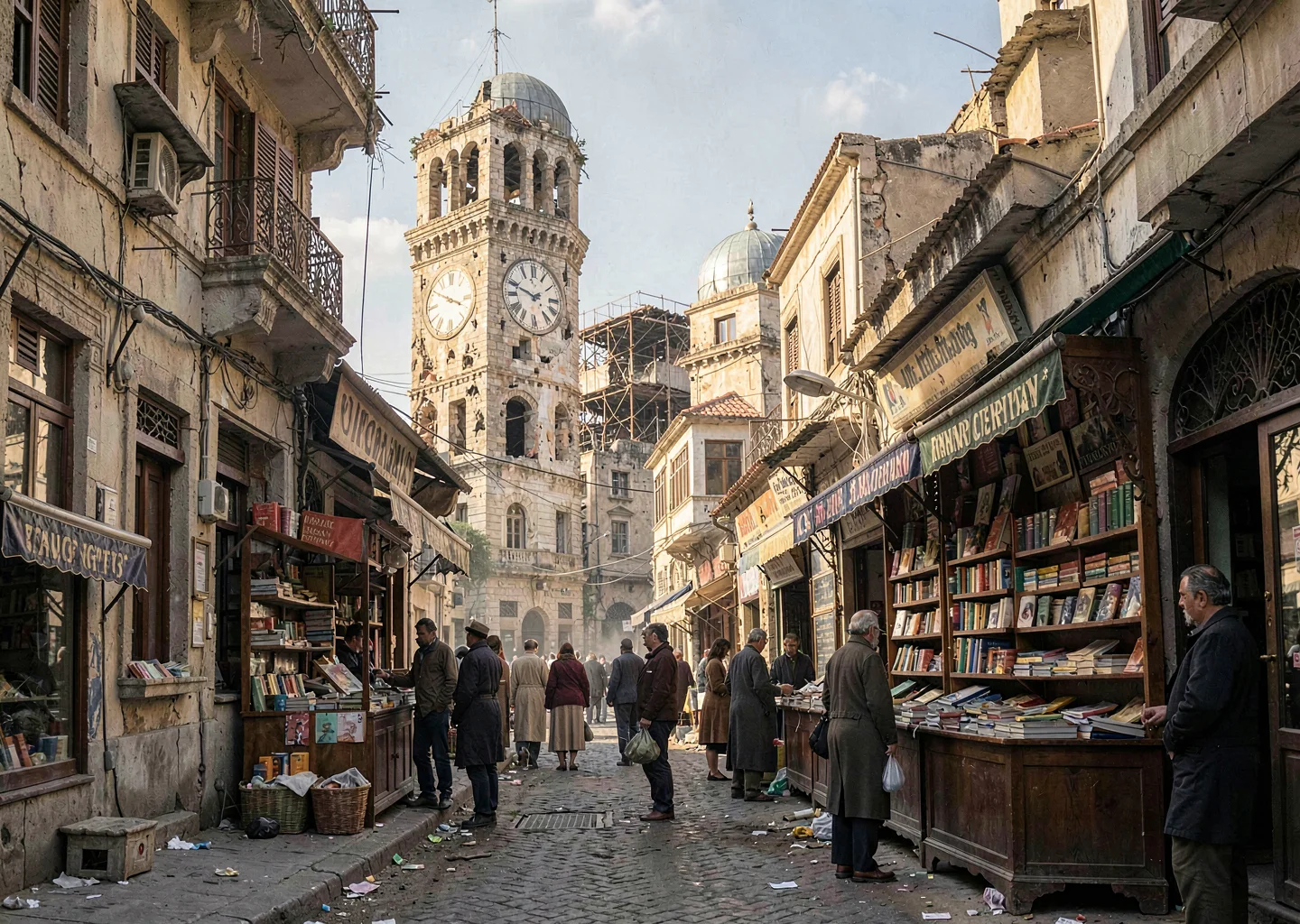 Mediterranean hard light on Beirut's wounded elegance, bookseller stall near rep