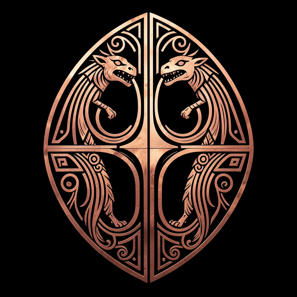 Copper shield design — split between two formline creatures sharing a central di