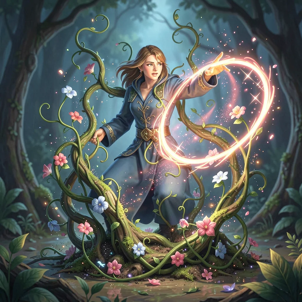 Magic spell effect illustration, nature magic spell, vines and flowers growing r