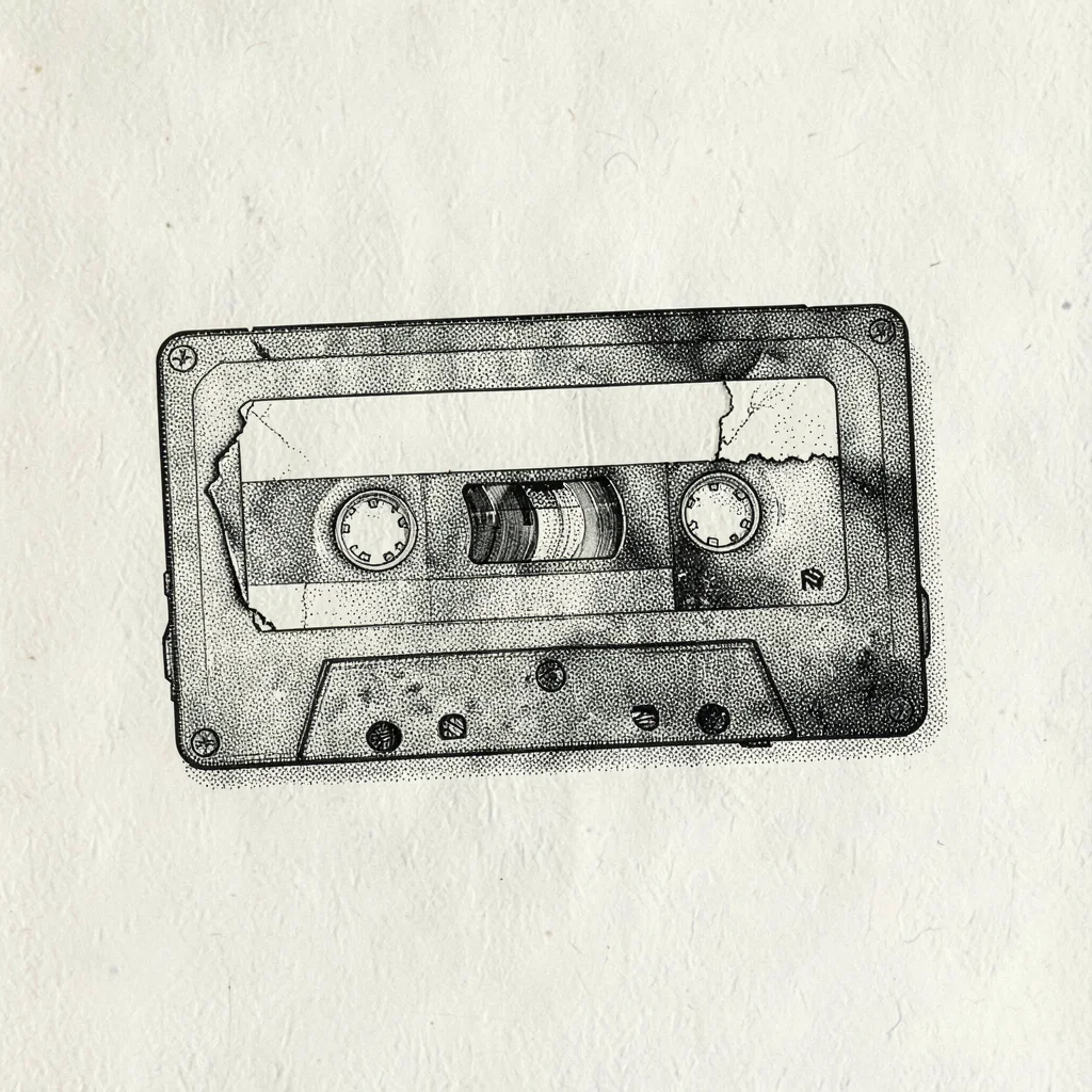 Pen-and-ink evidence study of a cassette tape with a peeling label, dense linewo