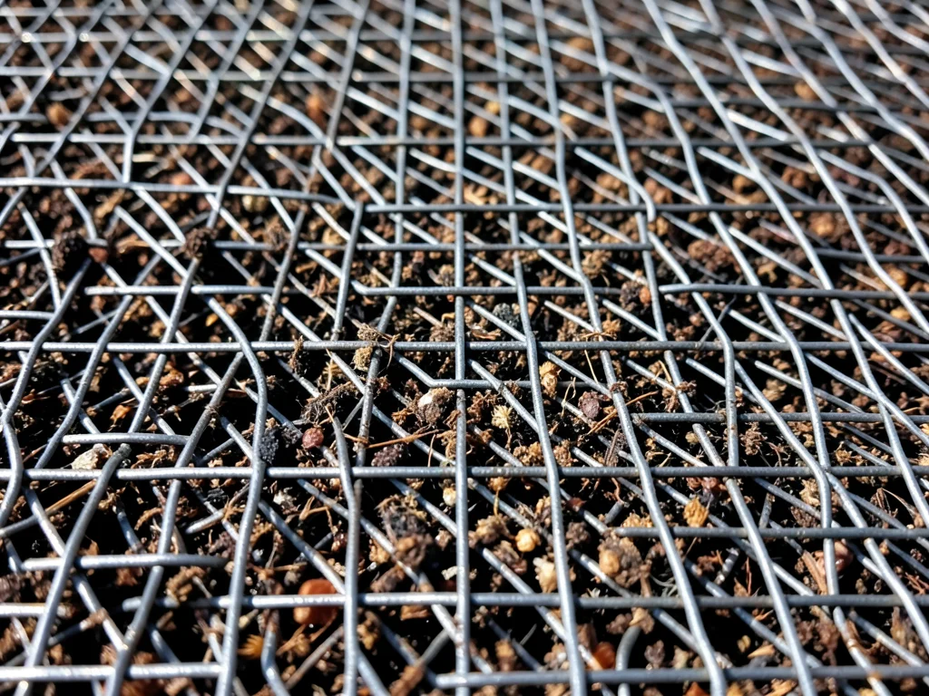 Woven wire with accumulated debris, mesh partially blocked by trapped particles,