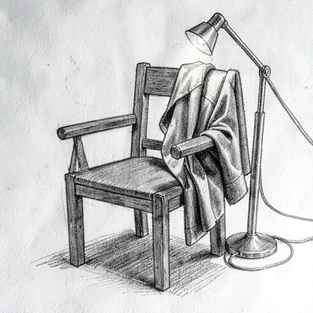 Charcoal study of an empty writing chair with a coat draped over the back, lamp 