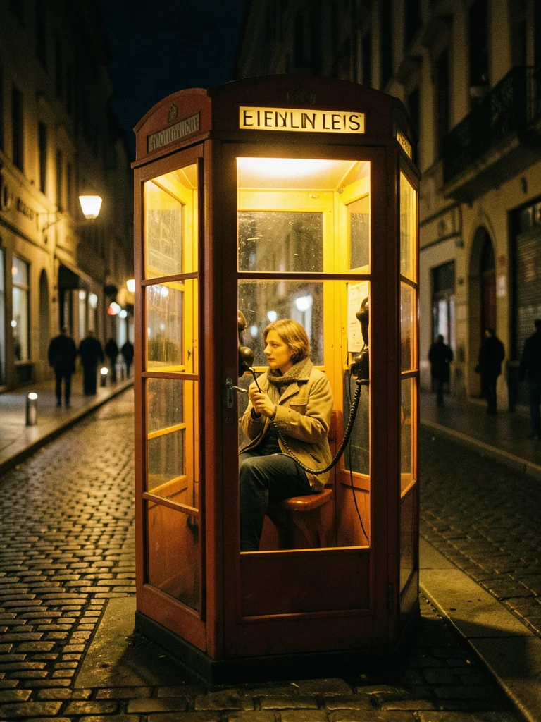 A telephone booth on a quiet European street at night, warm yellow interior ligh