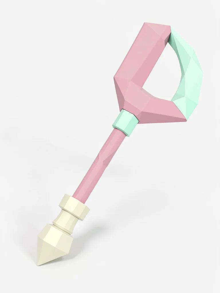 Reaper dusty-pink lowpoly scythe with a triangulated mint blade and chunky cream