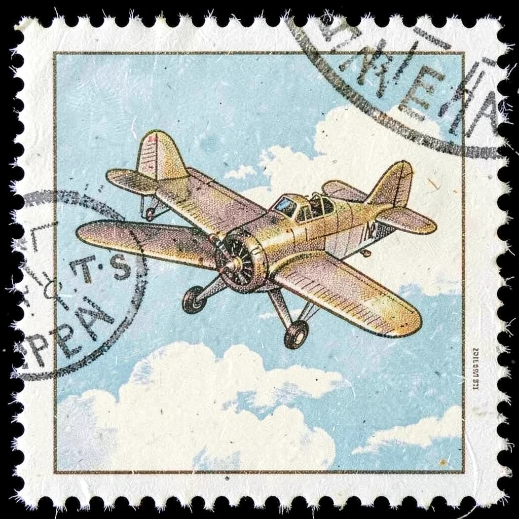 Postage stamp illustration, First airplane in flight , tiny perfect composition,