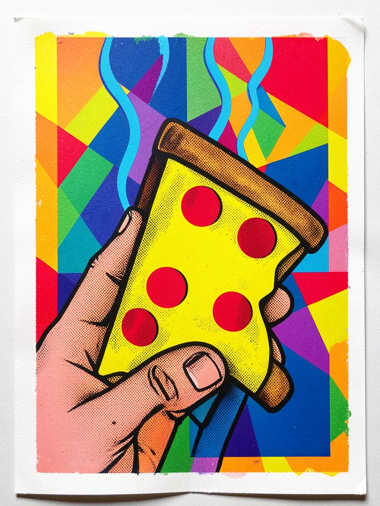 A hand holding a triangle of pizza, the cheese in yellow, crust in brown, pepper
