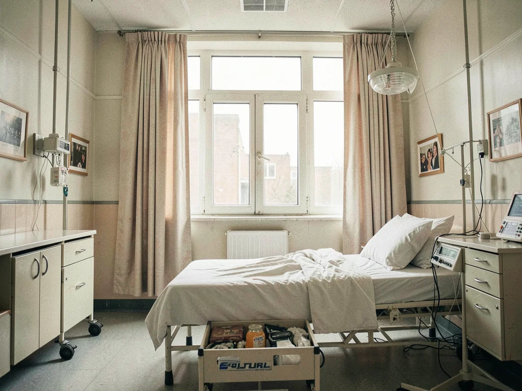 Hospital window with symmetrical curtains, patient bed centered, soft diffused l