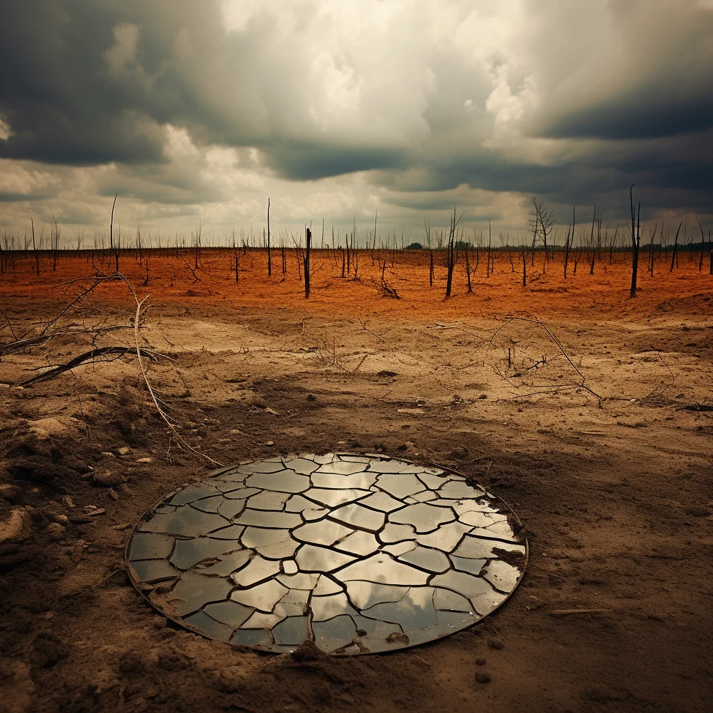 Photo In a dry barren land a mirror reflects a scene