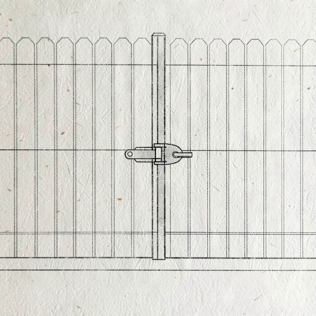 Schematic of a pool-code fence with self-closing hinge and latch detail, hairlin
