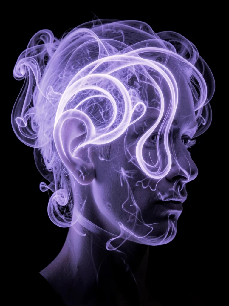 Whispered secret visualized as soft lavender wisps curling into ear shape