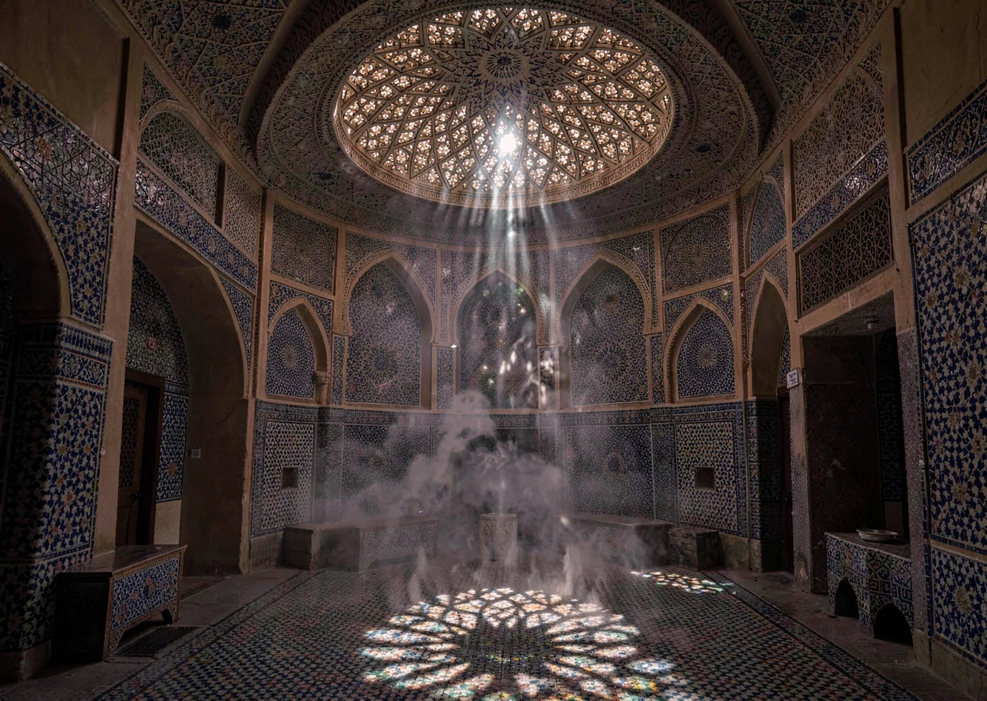 Geometric shadow play in Marrakech medina, hammam interior with steam and pierce