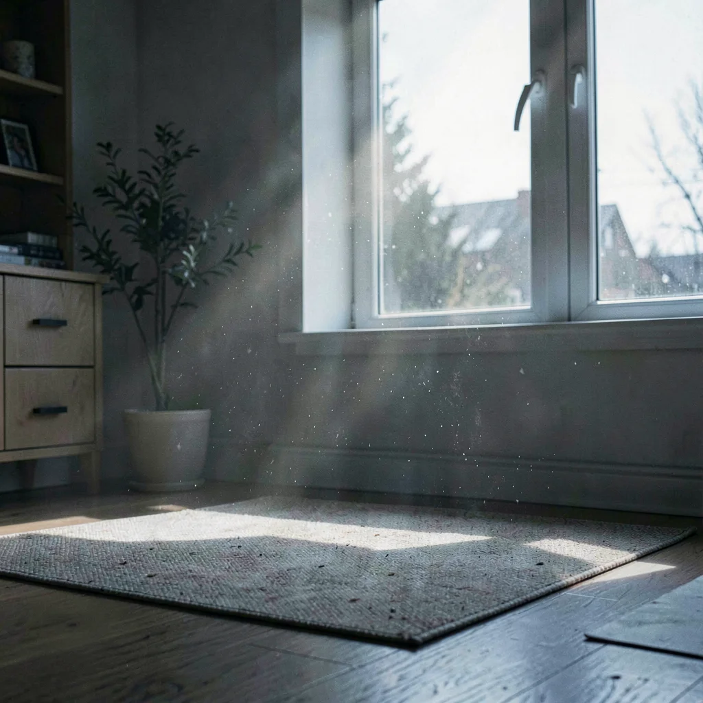 Wide atmospheric of an empty mat at first light with cold dust motes in a single