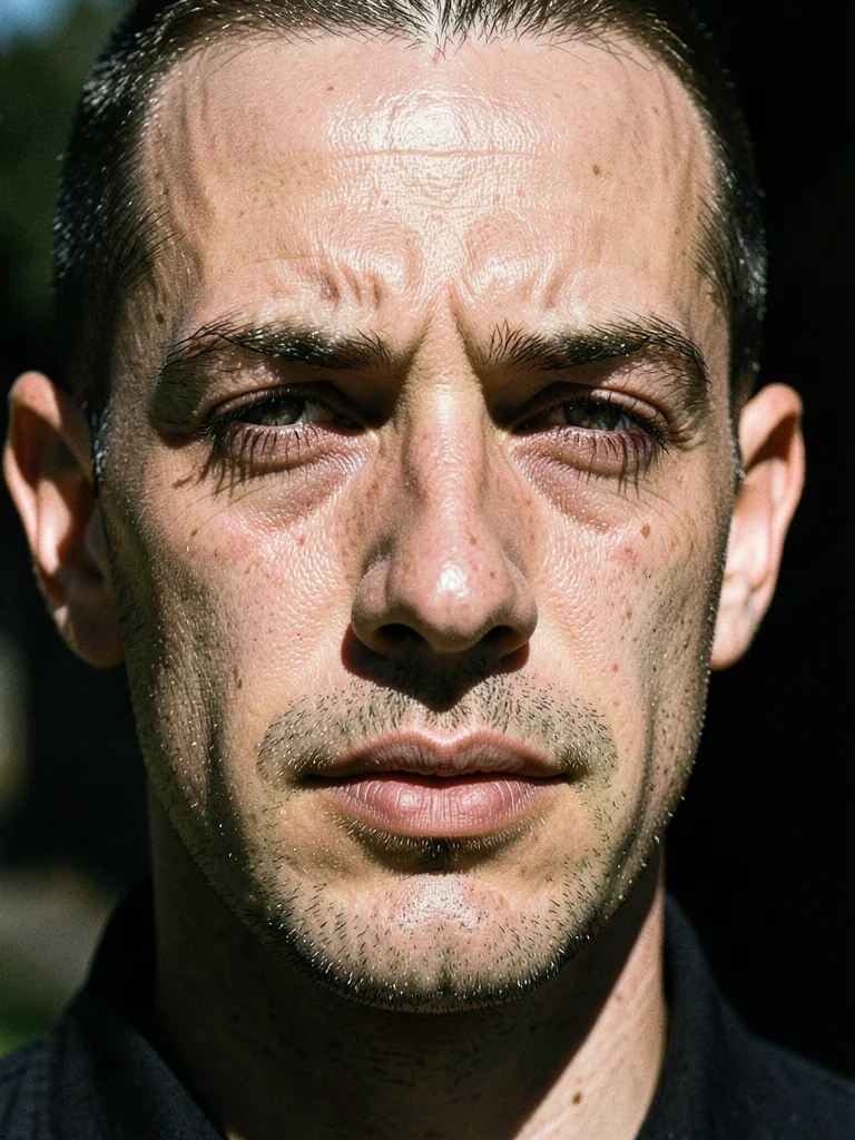 Portrait in harsh noon sun with hard shadows under eyes and nose