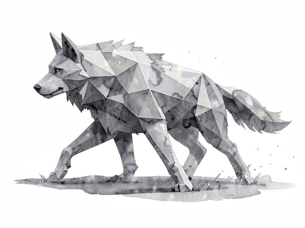 Smoky lowpoly wolf mid-stride caught in a crystalline gait, dim grey internal pl