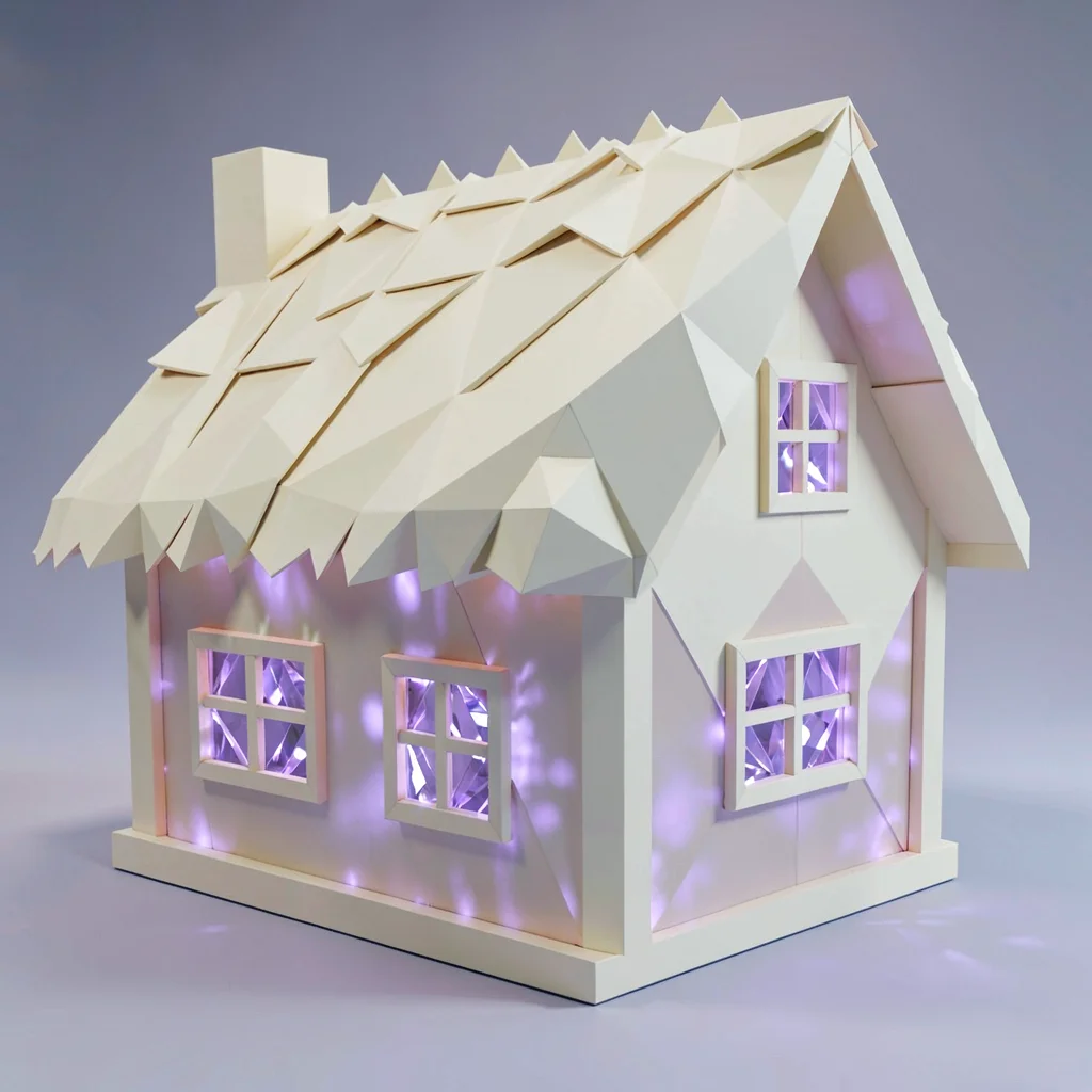 Amethyst lowpoly cottage with a faceted thatched roof and tiny crystalline windo