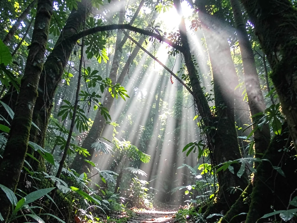 Humidity visible as light beam texture through forest